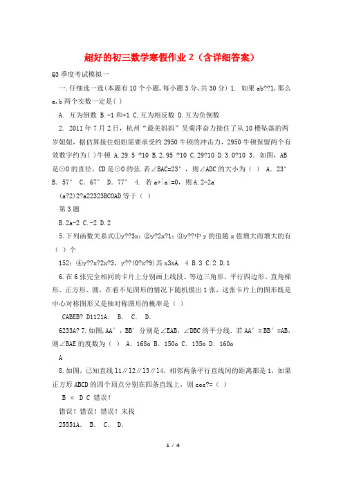 超好的初三数学寒假作业2(含详细答案)