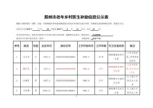 胶州市老年乡村医生补助信息公示表