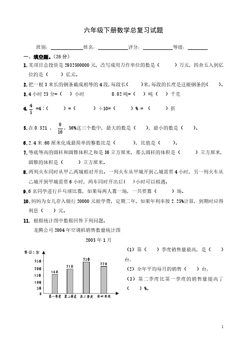 六年级下册数学总复习试题含答案