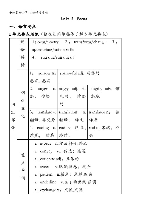 高二同步备课资料：Unit2 Poems 语言要点 (选修6)