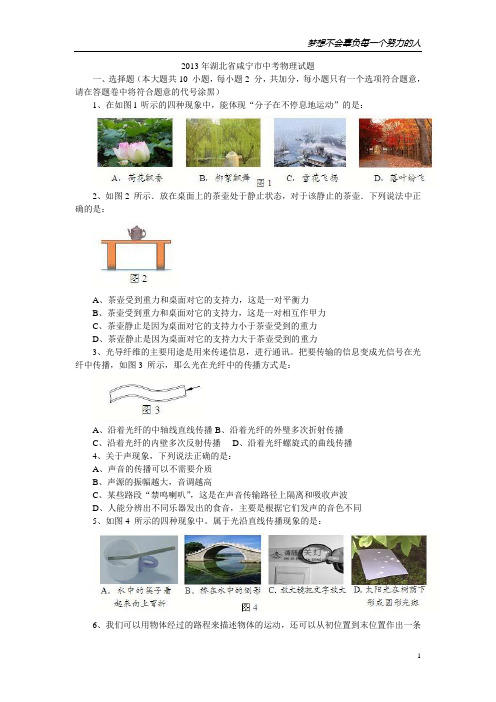2013年湖北省咸宁市中考物理试题有答案(WORD版)