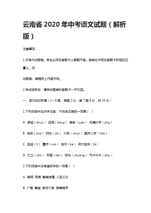 (全)云南省2020年中考语文试题(解析版)