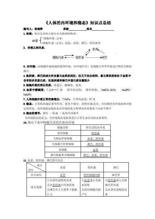知识点人体内环境和稳态