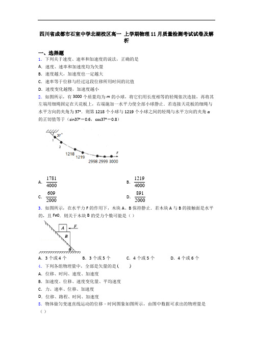 四川省成都市石室中学北湖校区高一 上学期物理11月质量检测考试试卷及解析