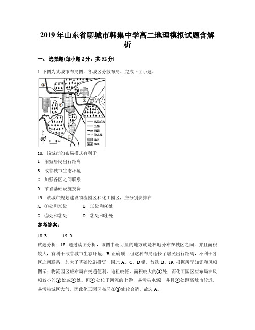 2019年山东省聊城市韩集中学高二地理模拟试题含解析
