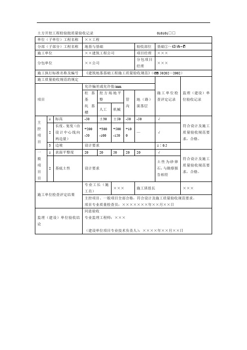 土方开挖工程检验批质量验收记录
