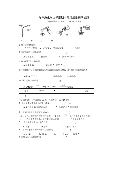 上海市九年级化学上学期期中阶段质量调研试题沪教版