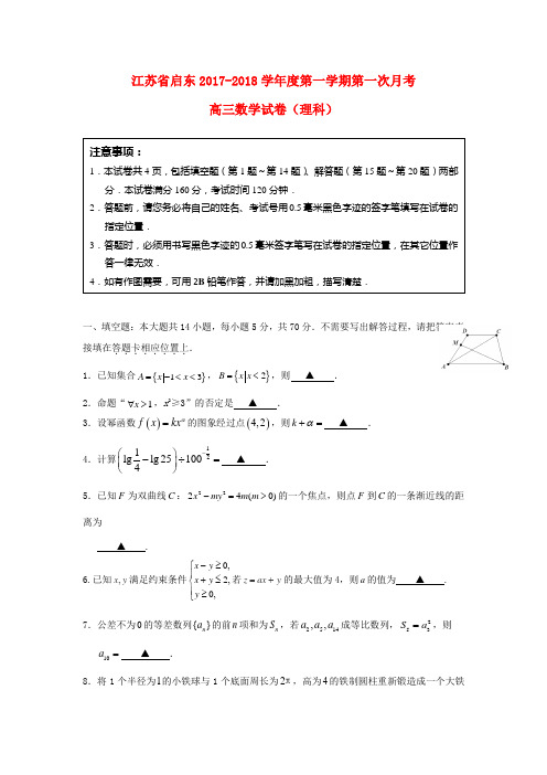 江苏省启东市高三数学上学期第一次月考(10月)试题 理-人教版高三全册数学试题