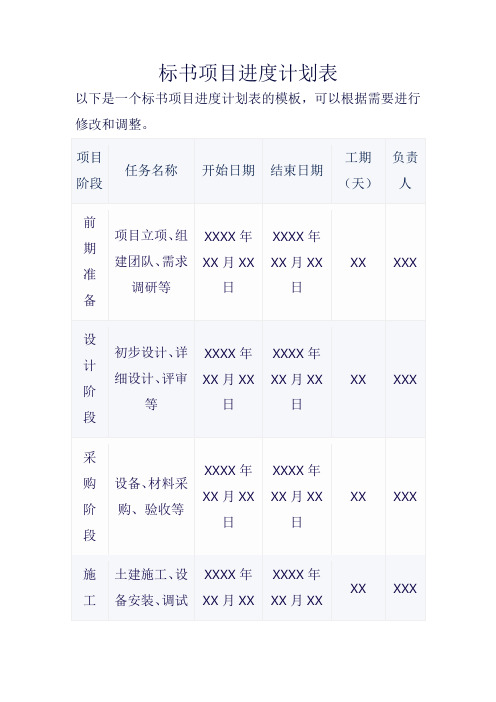 标书项目进度计划表模板