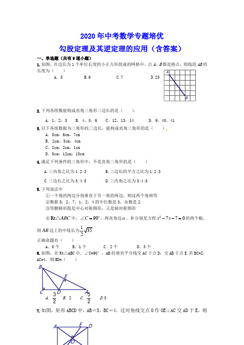 2020年中考数学专题培优：勾股定理及其逆定理的应用(含答案)