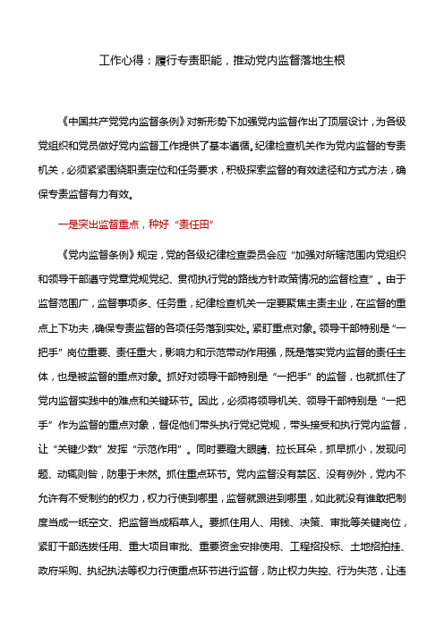工作心得：履行专责职能,推动党内监督落地生根