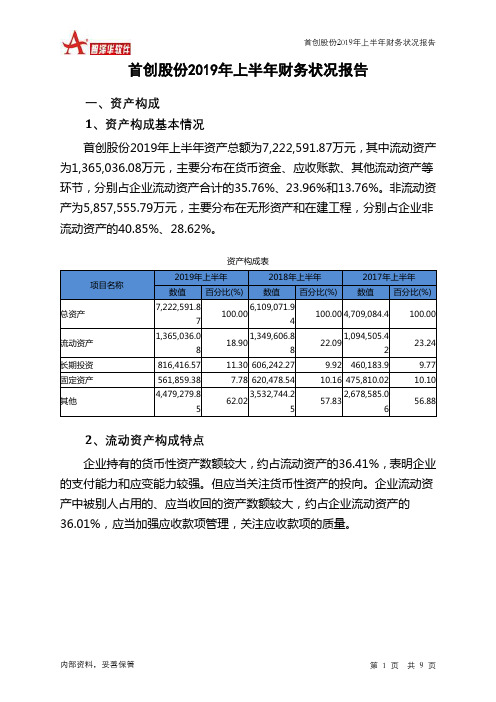 首创股份2019年上半年财务状况报告