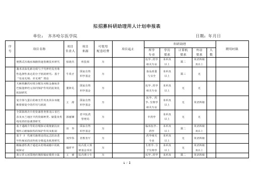 拟招募科研助理用人计划申报表