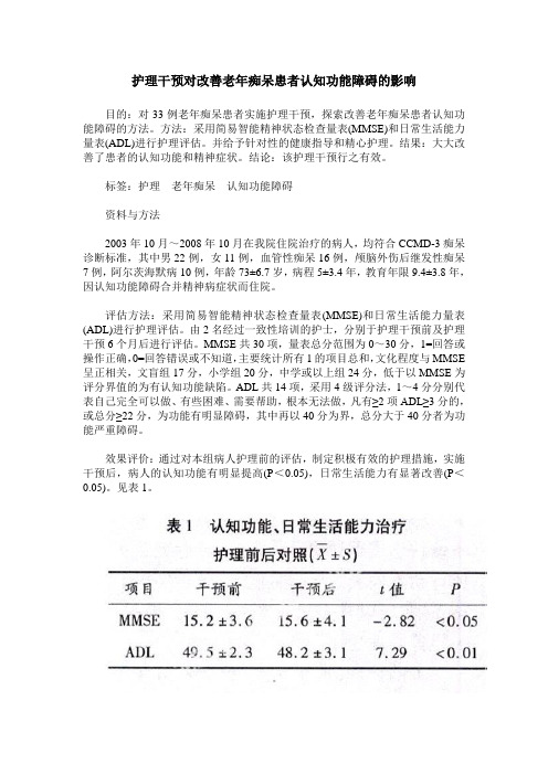 护理干预对改善老年痴呆患者认知功能障碍的影响