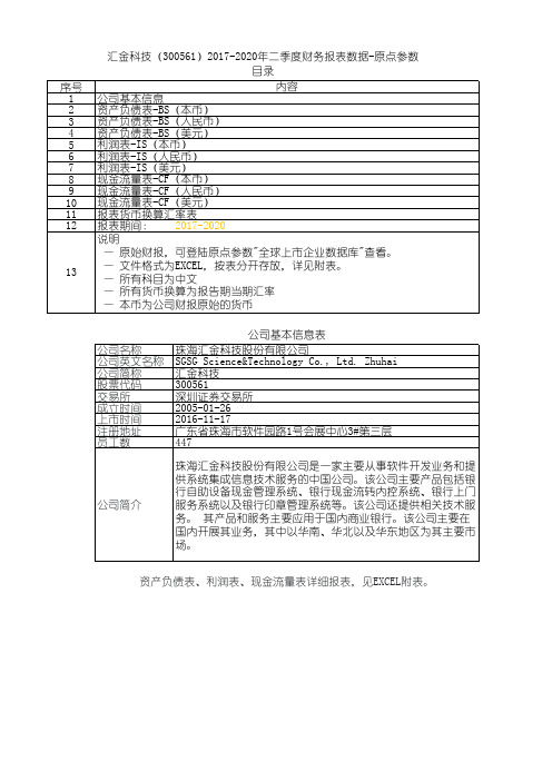 汇金科技(300561)2017-2020年二季度财务报表数据-原点参数