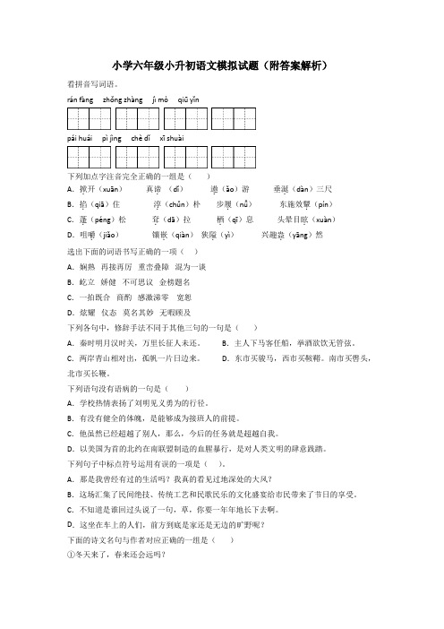 小学六年级小升初语文模拟试题(附答案解析)