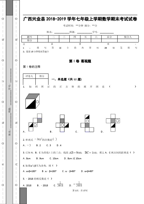 广西兴业县2018-2019学年七年级上学期数学期末考试试卷