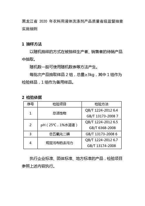 黑龙江省2020年衣料用液体洗涤剂产品质量省级监督抽查实施细则