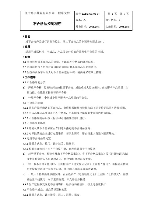 最新完美版XX鞋业有限公司Q2-08-04不合格品控制程序