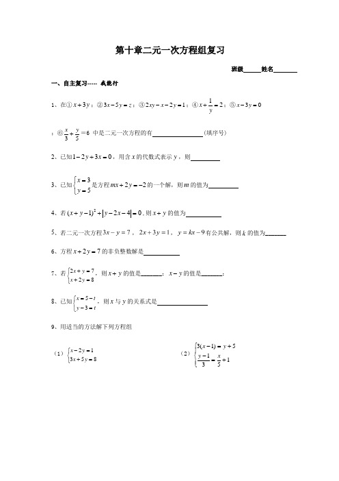 苏科版七年级数学下册 第十章二元一次方程组复习课教学案设计(无答案)
