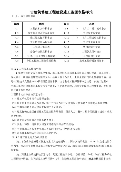 古建筑修建工程建设施工监理表格样式