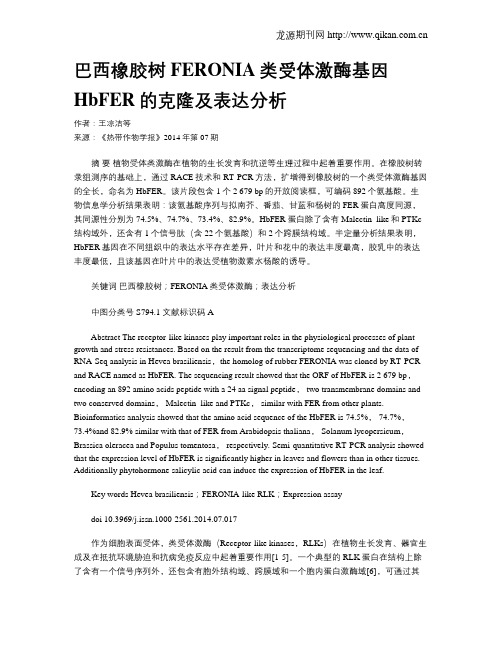 巴西橡胶树FERONIA类受体激酶基因HbFER的克隆及表达分析