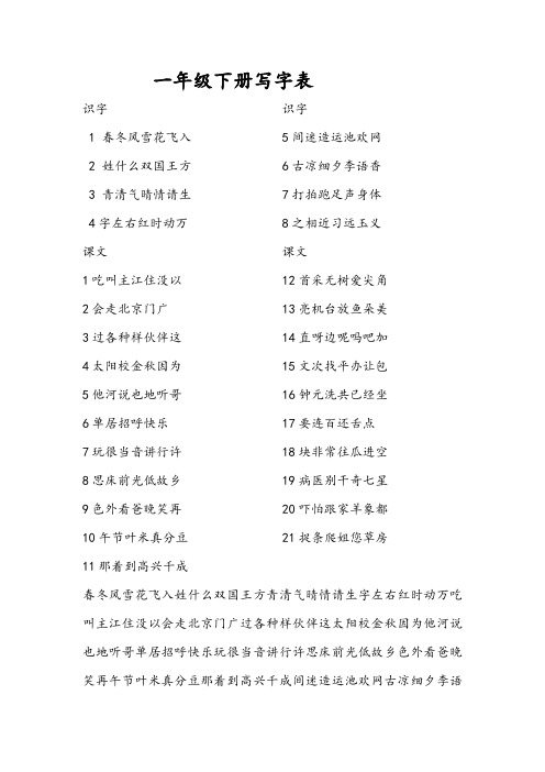 一年级下册写字表