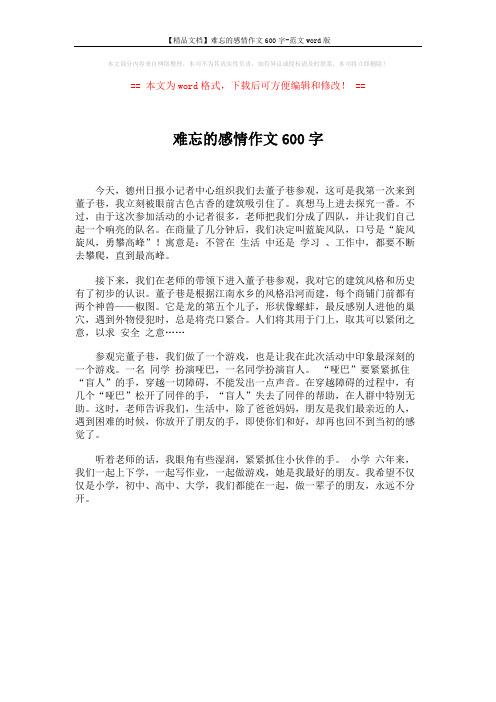 【精品文档】难忘的感情作文600字-范文word版 (1页)