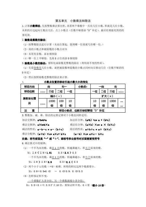 第五单元  小数乘法和除法知识复习要点