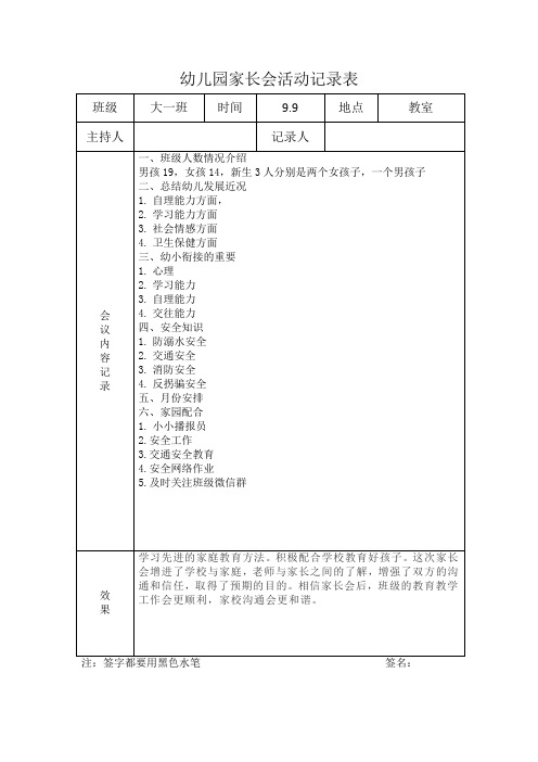幼儿园大班家长会记录表
