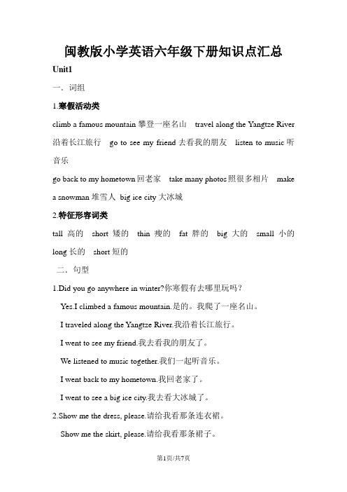 六年级下册英语素材知识点汇总 闽教版
