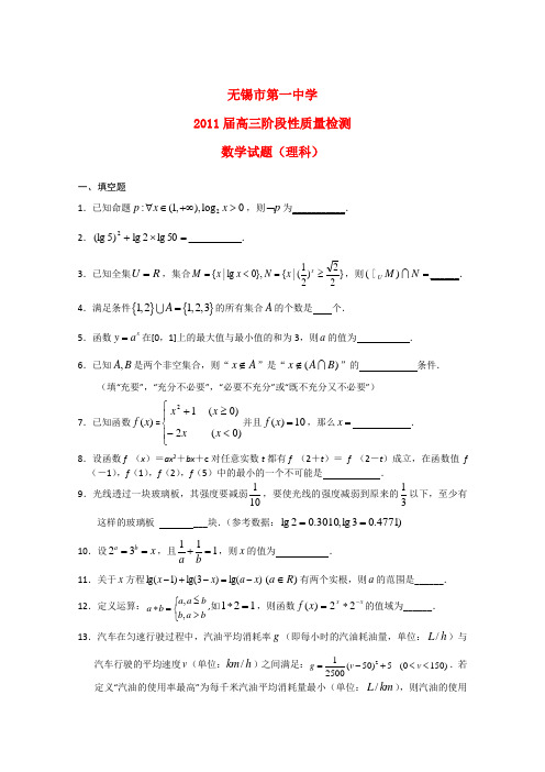 江苏省无锡市第一中学2011届高三数学阶段性检测 理 苏教版