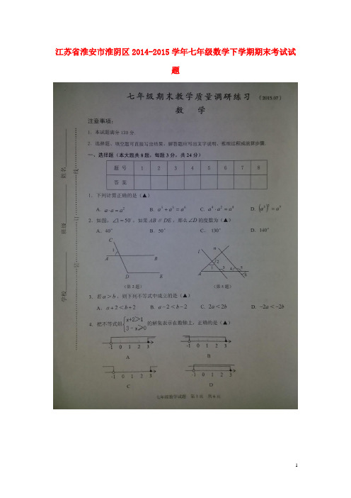 江苏省淮安市淮阴区七年级数学下学期期末考试试题(扫