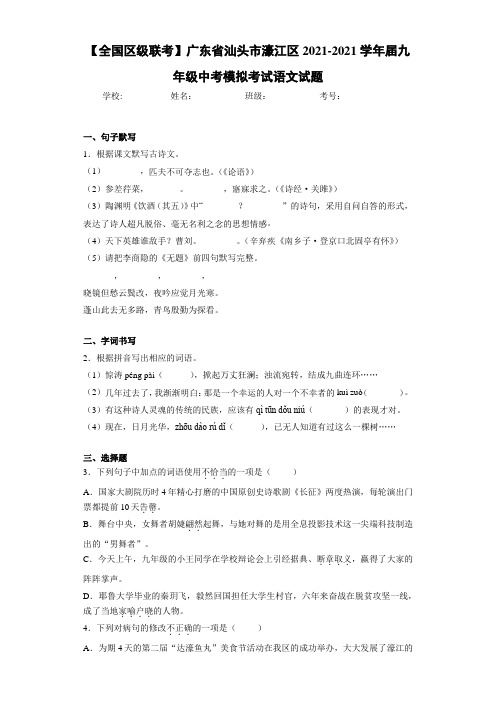 【全国区级联考】广东省汕头市濠江区2021届九年级中考模拟考试语文试题