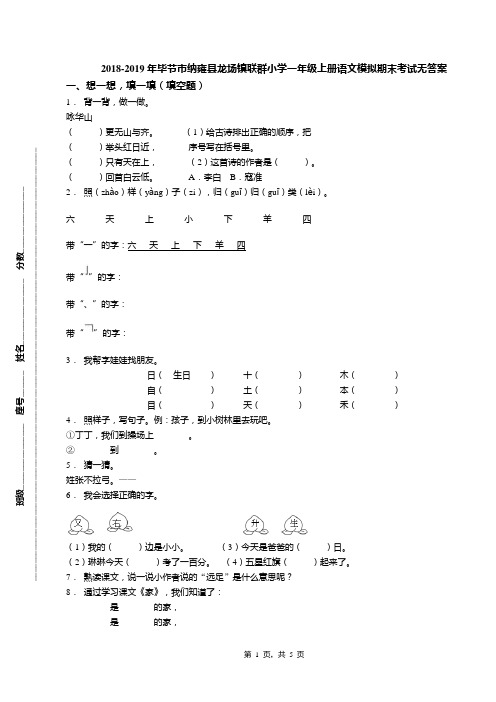 2018-2019年毕节市纳雍县龙场镇联群小学一年级上册语文模拟期末考试无答案