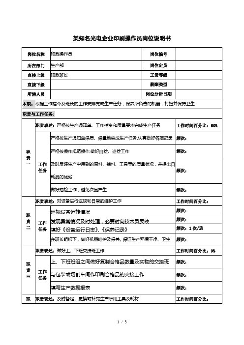 知名光电企业印刷操作员岗位说明书
