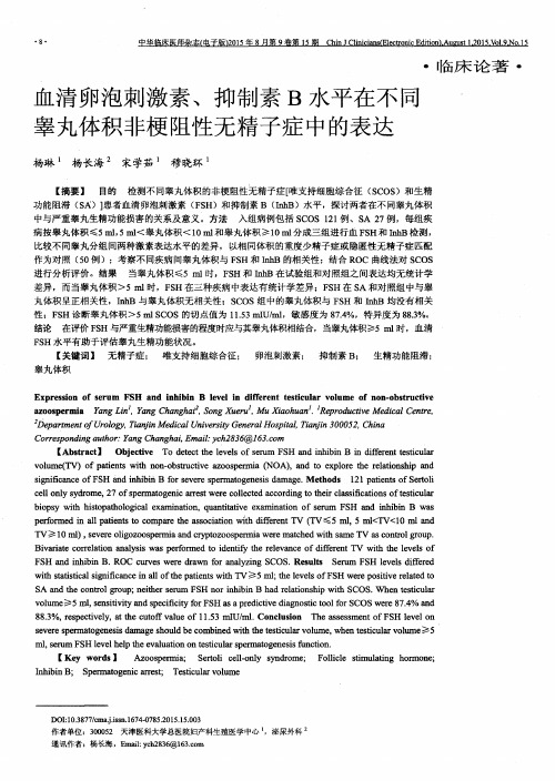 血清卵泡刺激素、抑制素B水平在不同睾丸体积非梗阻性无精子症中的表达