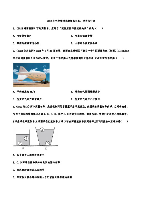2022年中考物理试题提高训练：浮力与升力