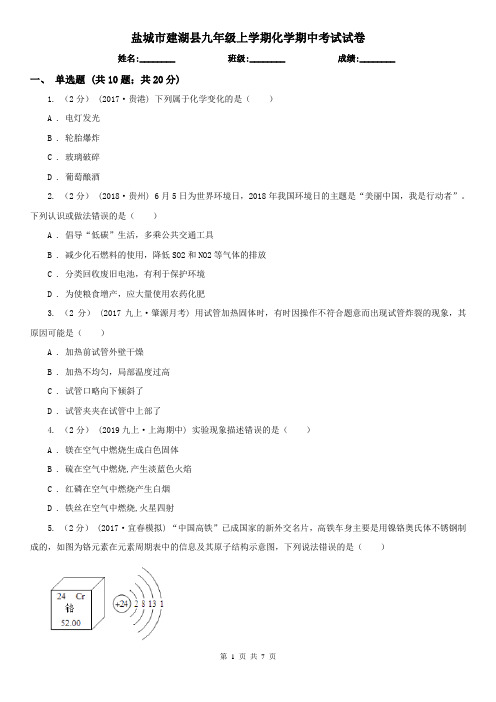 盐城市建湖县九年级上学期化学期中考试试卷