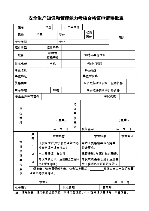 安全生产知识和管理能力考核合格证申请审批表