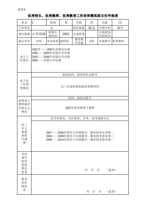 优秀校长、优秀教师、优秀教育工作者和模范班主任申报表