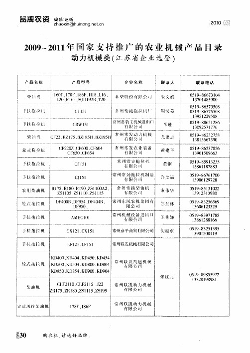 2009～2011年国家支持推广的农业机械产品目录动力机械类(江苏省企业选登)