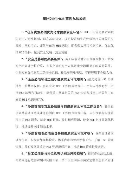 HSE管理九项原则