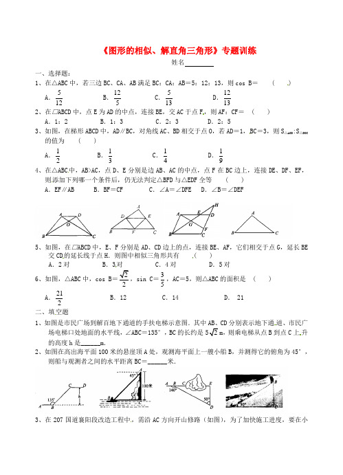 江苏省昆山市兵希中学中考数学总复习 图形的相似、解直角三角形专题训练(无答案) 苏科版