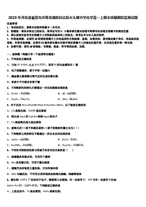 2023年河北省秦皇岛市青龙满族自治县木头凳中学化学高一上期末质量跟踪监视试题含解析