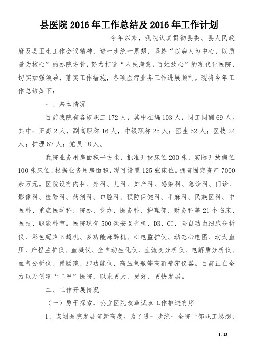 县医院2016年工作总结及2016年工作计划(1)
