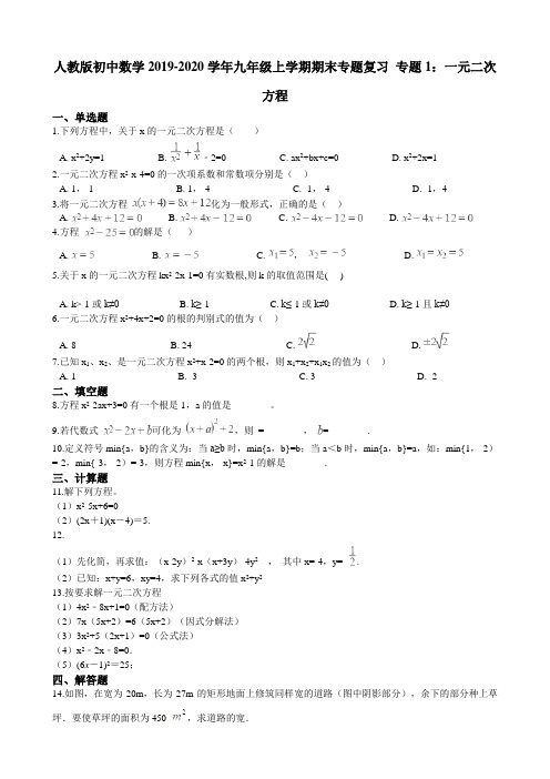 人教版初中数学-学年九年级上学期期末专题复习 专题1：一元二次方程 解析版