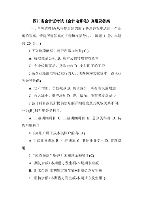 四川省会计证考试《会计电算化》真题及答案