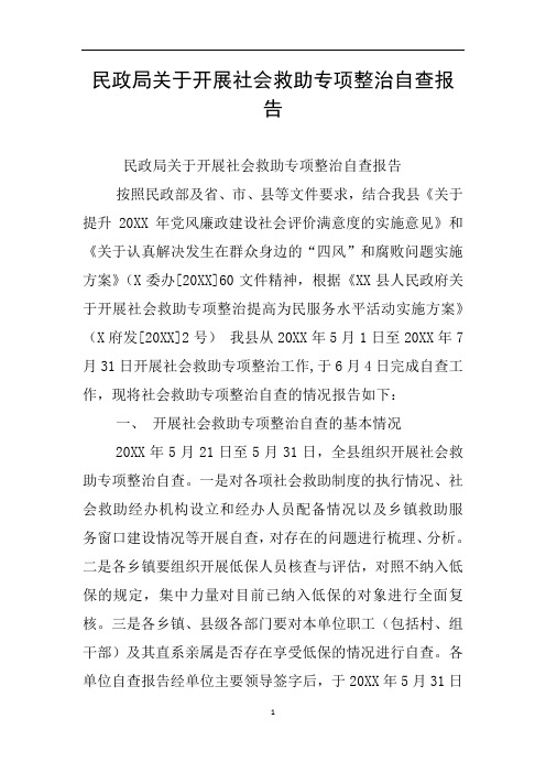 民政局关于开展社会救助专项整治自查报告