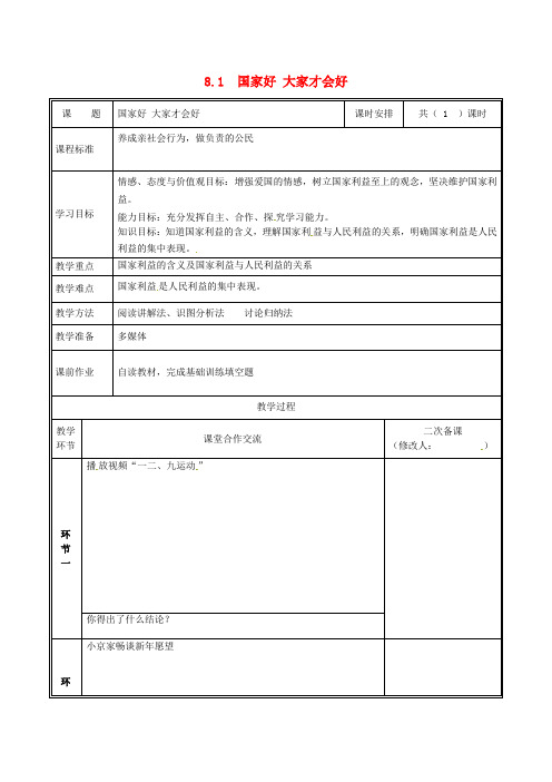 2019八年级道德与法治上册 第四单元第八课 国家利益至上 第1框 国家好 大家才会好教案 新人教版
